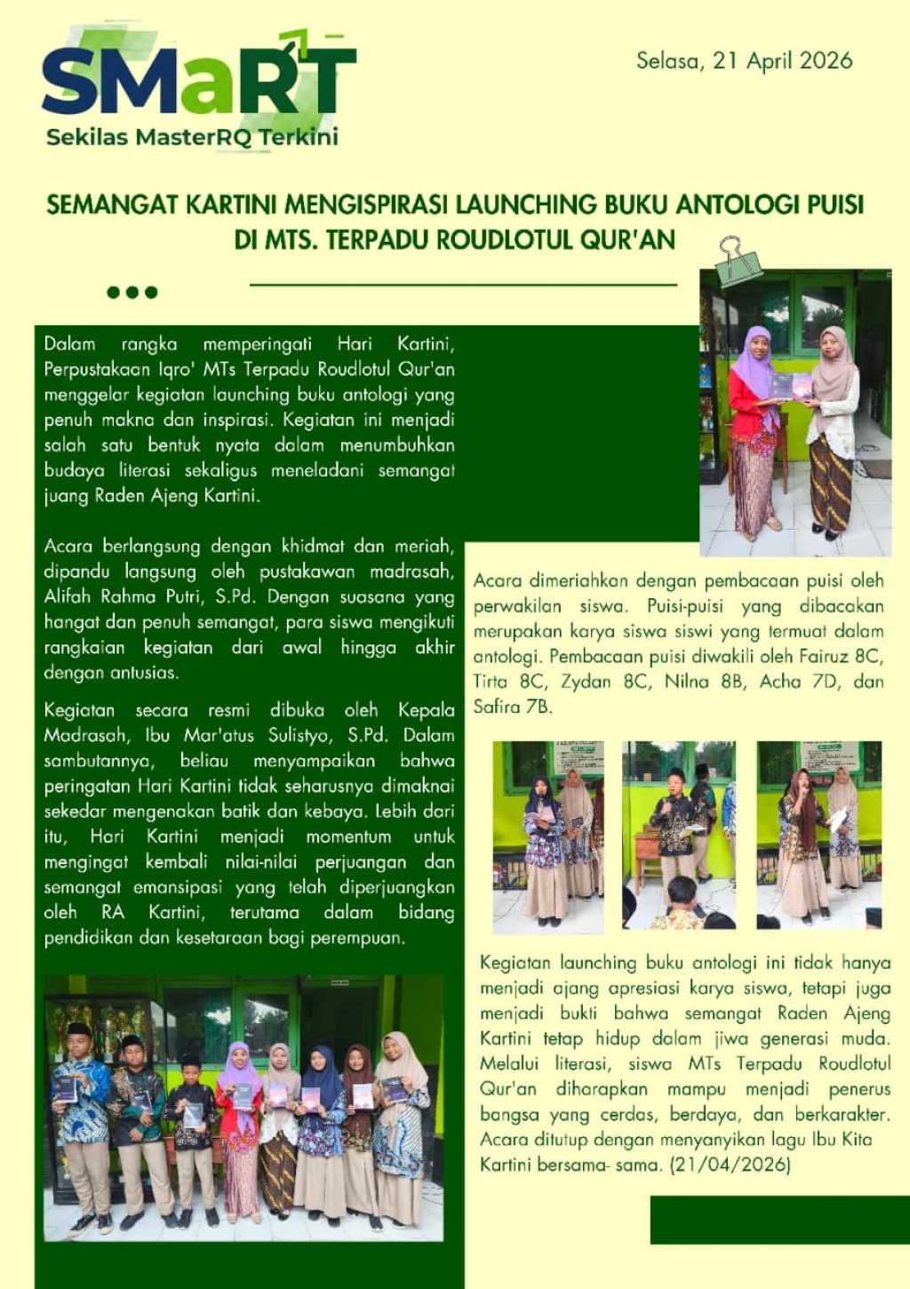 Launching Buku Antologi Puisi Karya Siswa MTs Terpadu Roudlotul Qur'an